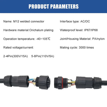 M12 Welded Connector Outdoor 2 3 4 5 6 7 8 Pin IP68 Waterproof Assembled Connector Joint Aviation Docking Male Female Plug