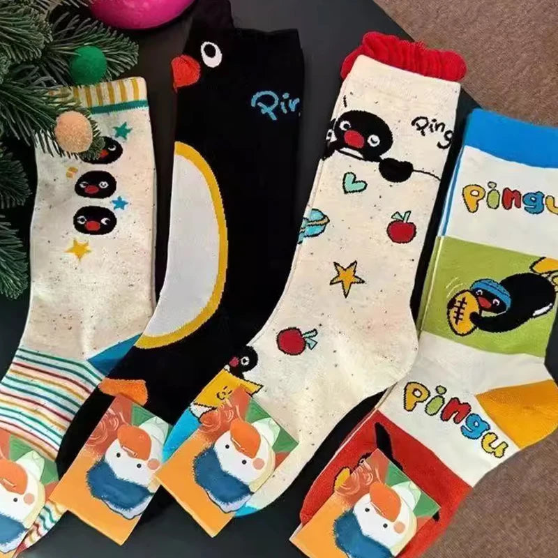 1/2Pairs Autumn and Winter Season Trendy Cartoon Cute Original Versatile Animal Colorful Pattern Simple Penguin Middle Socks