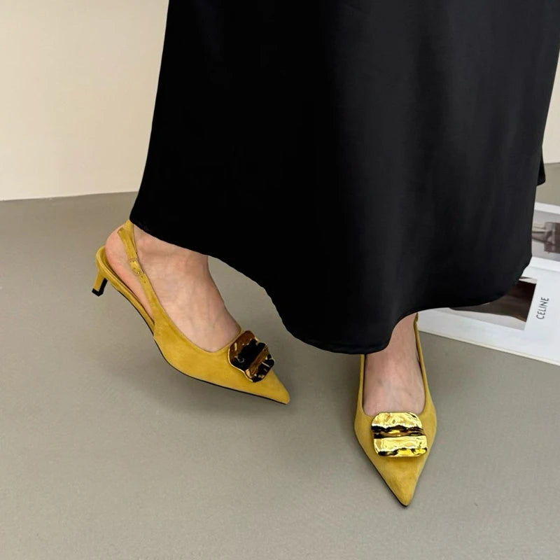 SUOJIALUN 2026 Summer New Brand Women Sandal Fashion Buckle Ladies Elegant Dress Slingback Shoes Thin High Heel Pointed Toe Pump