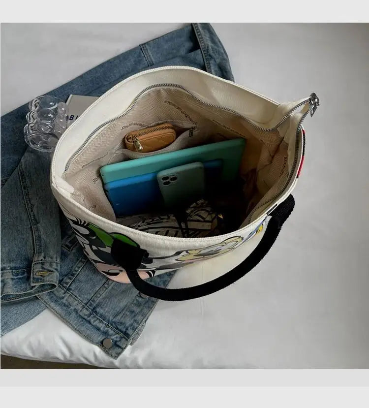 Cartoon Mickey Tote Bag Canvas Bag with Goofy Pattern Shoulder Bag Fashion Travel Large Capacity Canvas Bag Women Shopping Use