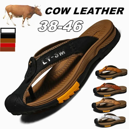 Genuine Cow Leather Shoes Men Sandals Mens Flip Flops Men's Casual Shoes Classic Massage Beach Slippers Anti-slip Summer 2025