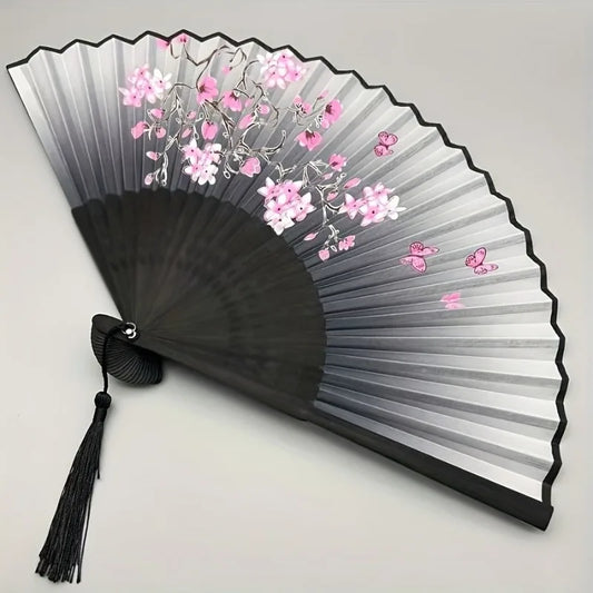 1 Vintage Floral Cherry Blossom Fan with Pink & Purple Artwork, Lightweight Portable Hand Fan for Hanfu Dance