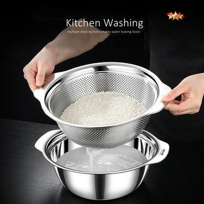 LFGB Certification Kitchen Fruit Vegetable and Rice Washing Basin 23~31cm Diameter Dense Drainage Hole Colander with Side Handle