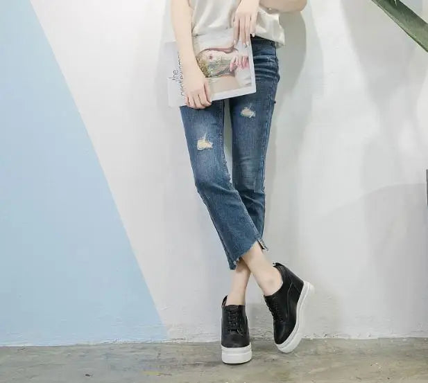 Genuine leather 10cm Increase Flat Platform Shoes Female Thick Sole Students Casual Shoes Woman  Lace Up Solid   Women Shoes