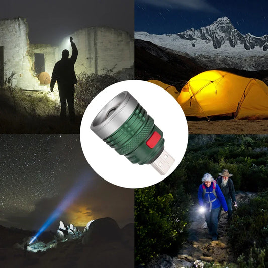 Lampe torche USB mini en alliage d'aluminium, lumière LED puissante, éclairage d'appoint pour le camping, la pêche et la randonnée.
