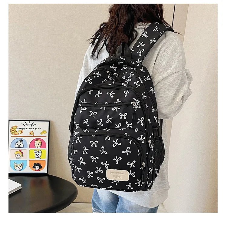 3 Pcs/Set Cute girl Large Capacity Backpack Bow Print Nylon Schoolbag Adjustable Strap Women daily Campus Backpack