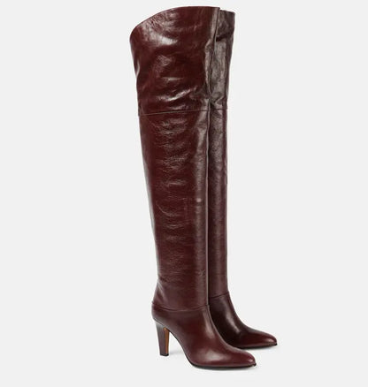 Autumn and Winter Women's Thick High-heeled Knee High Boots, Round Headed Cowhide Suede Fashionable Women's Plus Size Boots