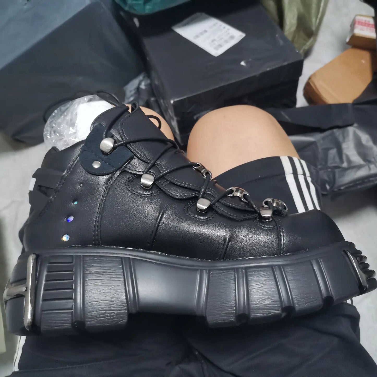2025 Celebrity Inspired Heavy Metal Platform High-Top Shoes Women Punk Small Leather Shoes Gothic Dark Motorcycle Boots Fashion