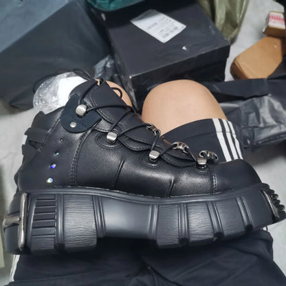 2025 Celebrity Inspired Heavy Metal Platform High-Top Shoes Women Punk Small Leather Shoes Gothic Dark Motorcycle Boots Fashion