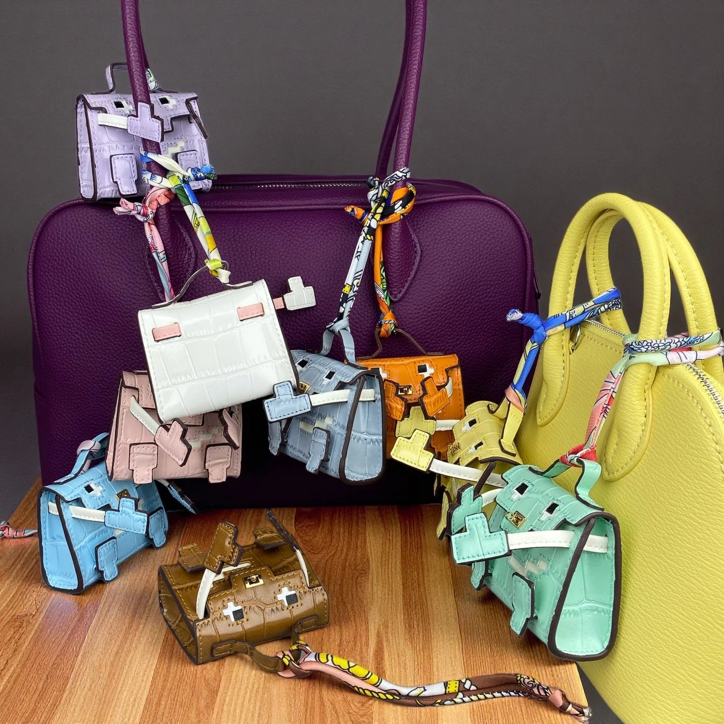 Mini Pixel Doll Bag Charm Adorable Croc-Etched PU Leather Keychain with Pouch for Earbuds & Coins Handcrafted Pastel Cutie Gift
