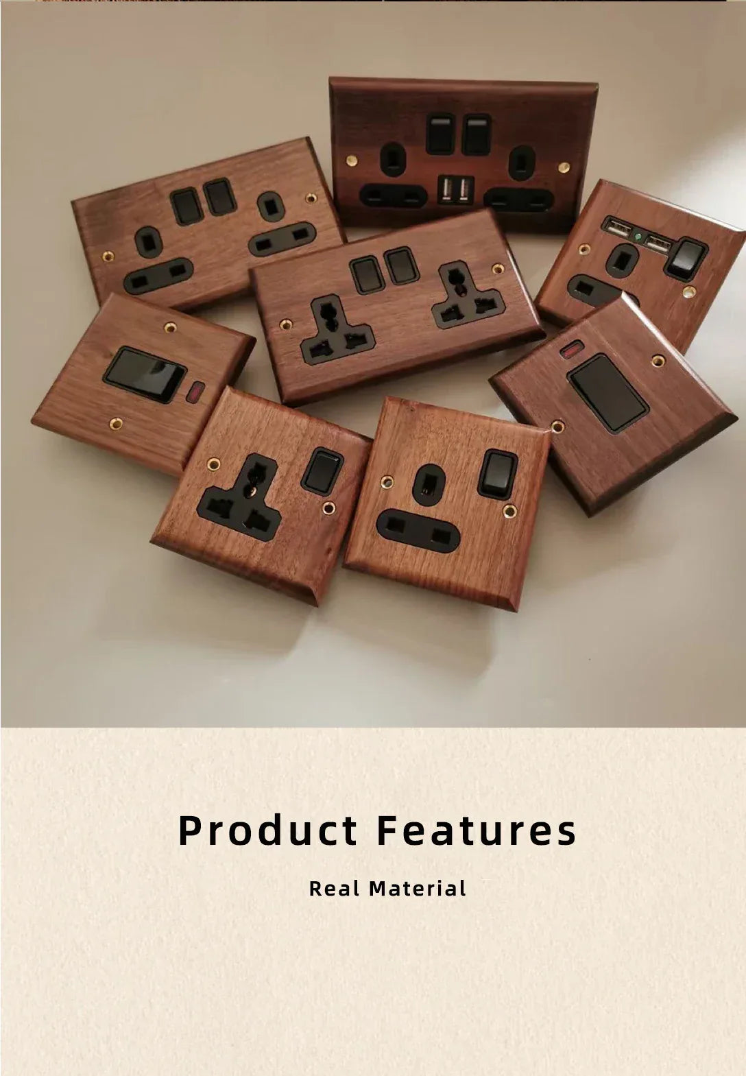 Black walnut retro European retro wall lamp switch socket, solid wood brass toggle switch board 1-4Gang 2Way antique home switch
