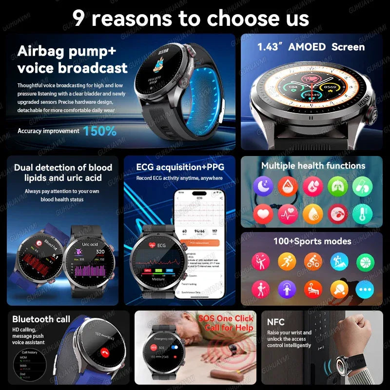New Blood pressure Non-invasive Health Monitor Airbag Sports Smart Watches ECG+PPG Precise 1.43-inch AMOLED Calls Smartwatch NFC