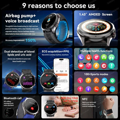 New Blood pressure Non-invasive Health Monitor Airbag Sports Smart Watches ECG+PPG Precise 1.43-inch AMOLED Calls Smartwatch NFC