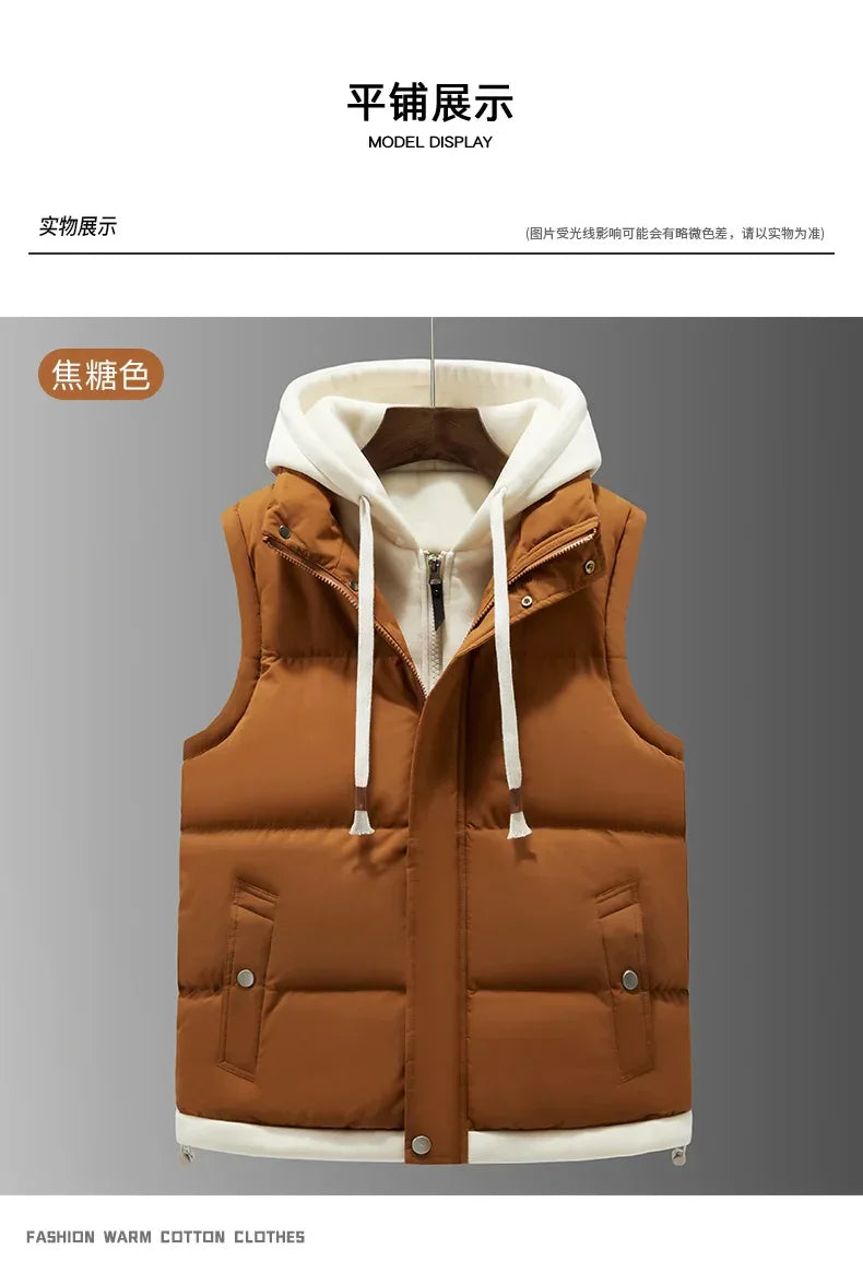 Unisex Fashion Hooded Vests Jacket Sleeveless Vest Autumn Thermal Soft Vests Casual Coats Male Cotton Men's Vest Men Thicken