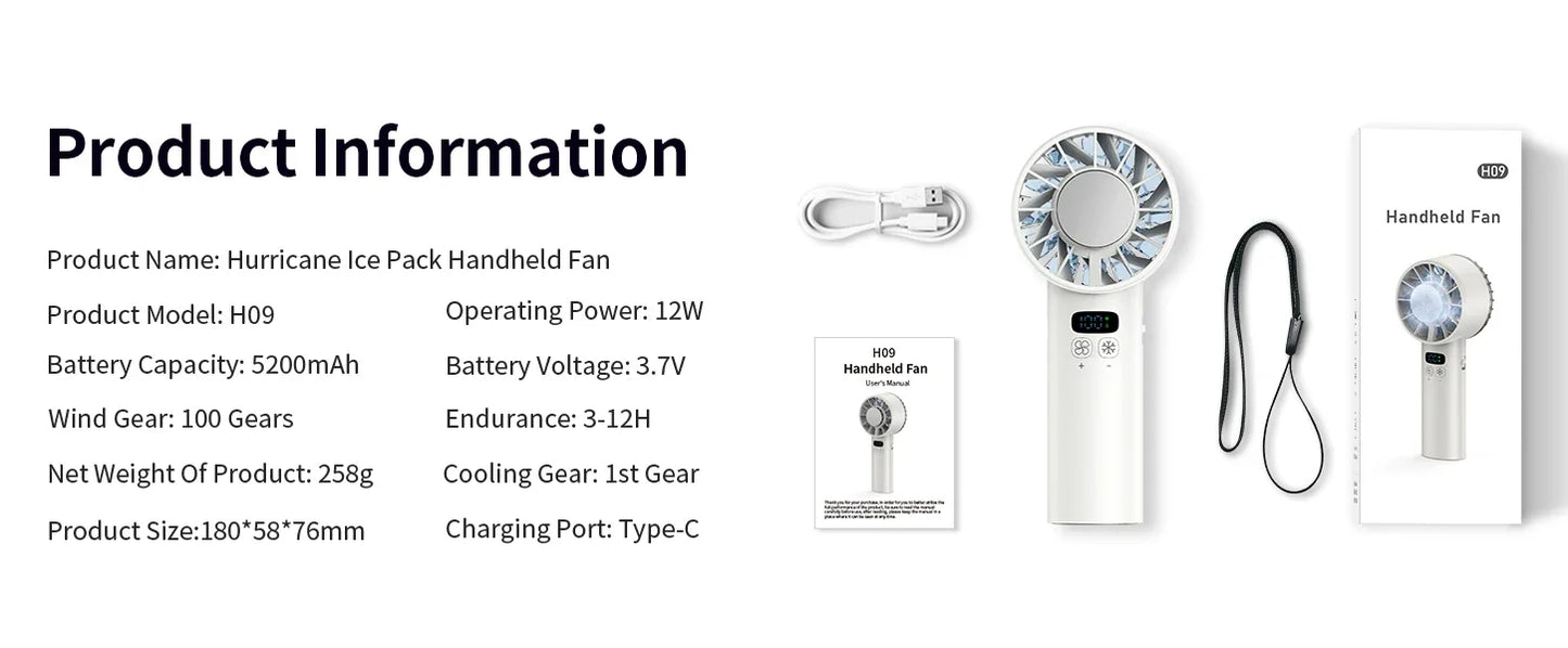 5200mAh Portable Mini Handheld Fan with LED Display Semiconductor Refrigeration 100 Speeds USB Rechargeable Battery Outdoor Fan
