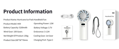 5200mAh Portable Mini Handheld Fan with LED Display Semiconductor Refrigeration 100 Speeds USB Rechargeable Battery Outdoor Fan