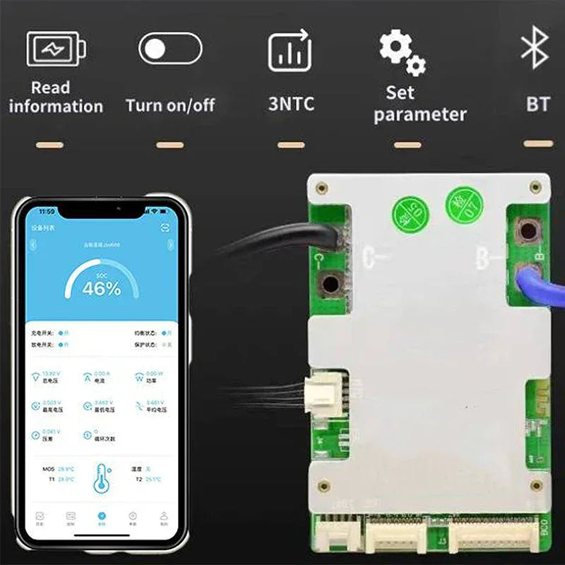 JBD Smart BMS LiFePo4 12S 36V 16S 48V 20A 40A 50A 60A 80A Li-Ion BMS 10S 13S 14S 16S 17S Balance Protection Board Built-in BT