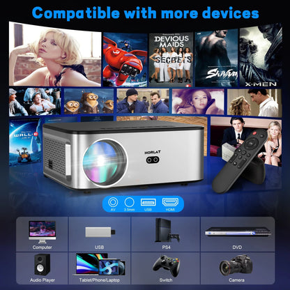 HORLAT Android Projector 1600Ansi Lumens Outdoor 1080P Full HD Beamer 4K Video WiFi Projector 3D Movie Home Theater Game Devices