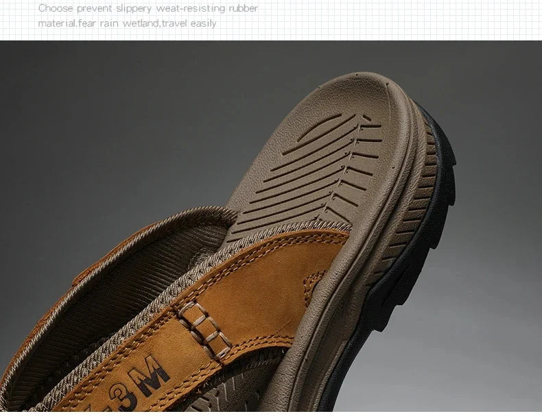 Genuine Cow Leather Shoes Men Sandals Mens Flip Flops Men's Casual Shoes Classic Massage Beach Slippers Anti-slip Summer 2025