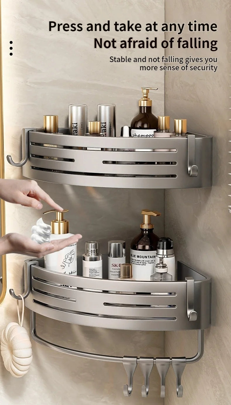 No Need To Drill Walls for Installation Aluminum Bathroom Shelf Shelves Shampoo Rack Storage Holder Kitchen Organizer Wall Rack