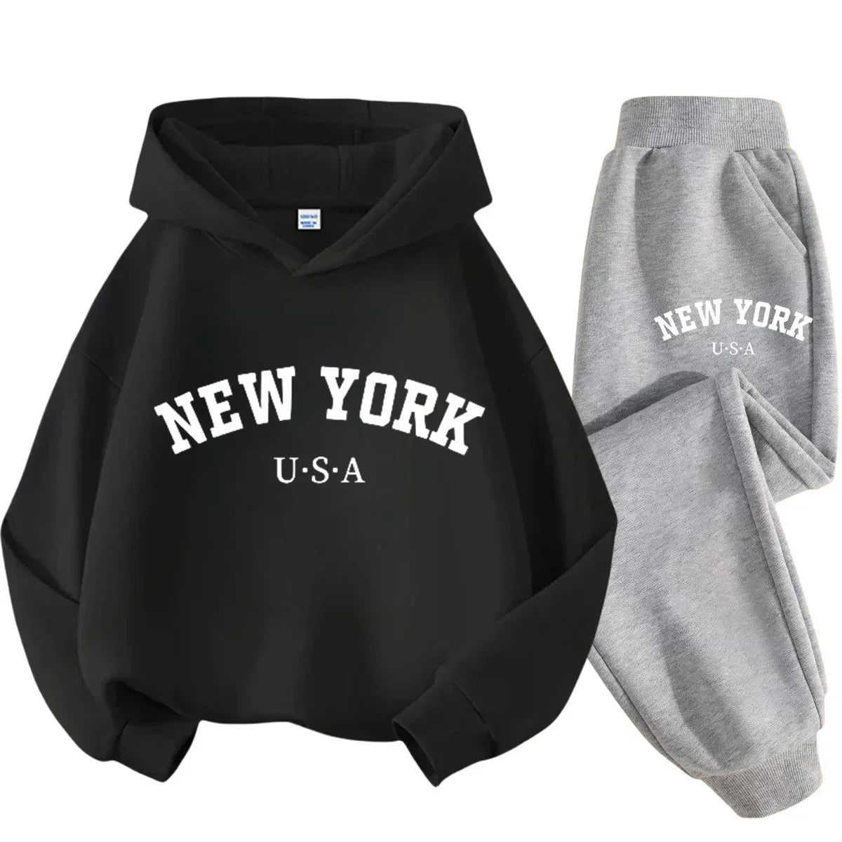 Autumn Warm New York Letter Cool Graphic Print Children Long Sleeve Hoodie +pant Suit 2pcs Set Sweatshirt Boy Girl Kid Sportwear
