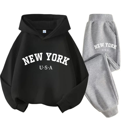 Autumn Warm New York Letter Cool Graphic Print Children Long Sleeve Hoodie +pant Suit 2pcs Set Sweatshirt Boy Girl Kid Sportwear