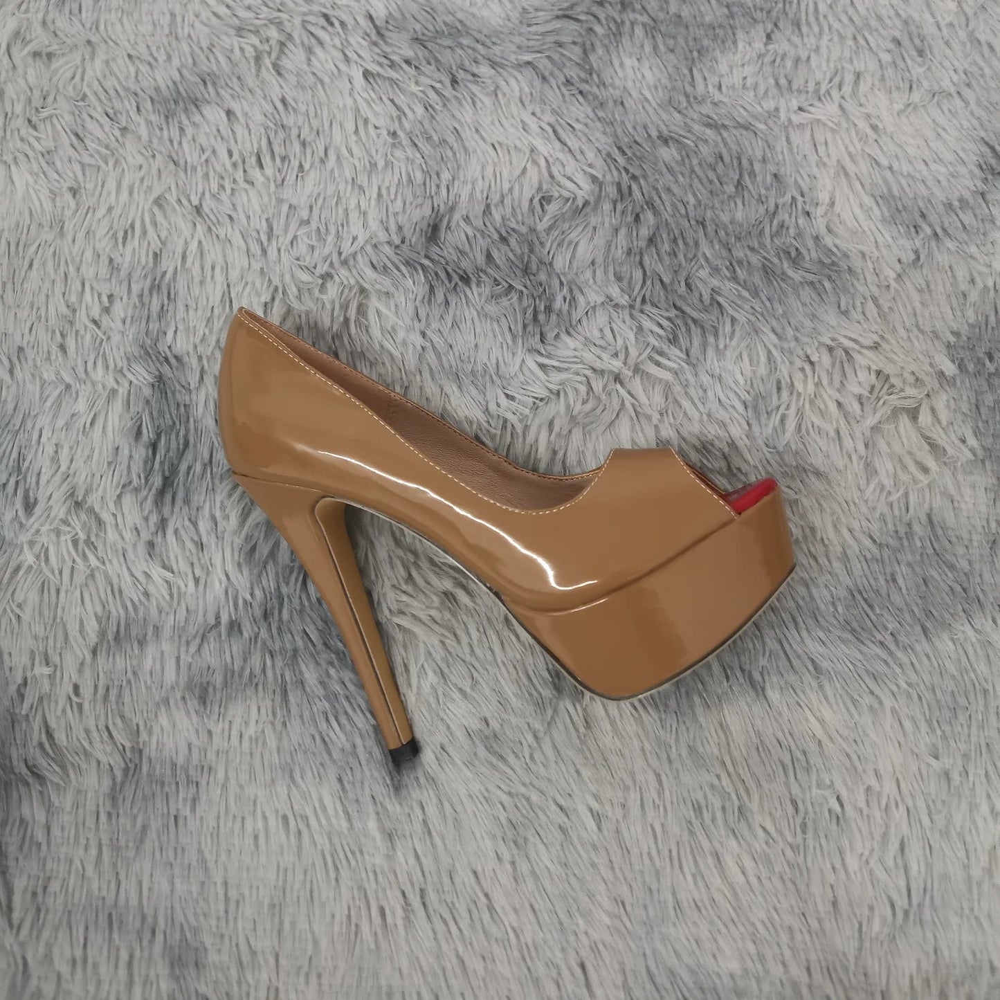 LOSLANDIFEN Sexy Peep Toe Platform Women Pumps 14cm Super High Patent Leather Heels Shoes Red Wedding Stilettos Large Size 43 44