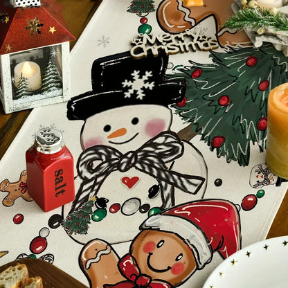 Christmas Snowman Table Runner Polyester With Festive Snowman Gingerbread Man Christmas Tree And Ornament Patterns Table Decor