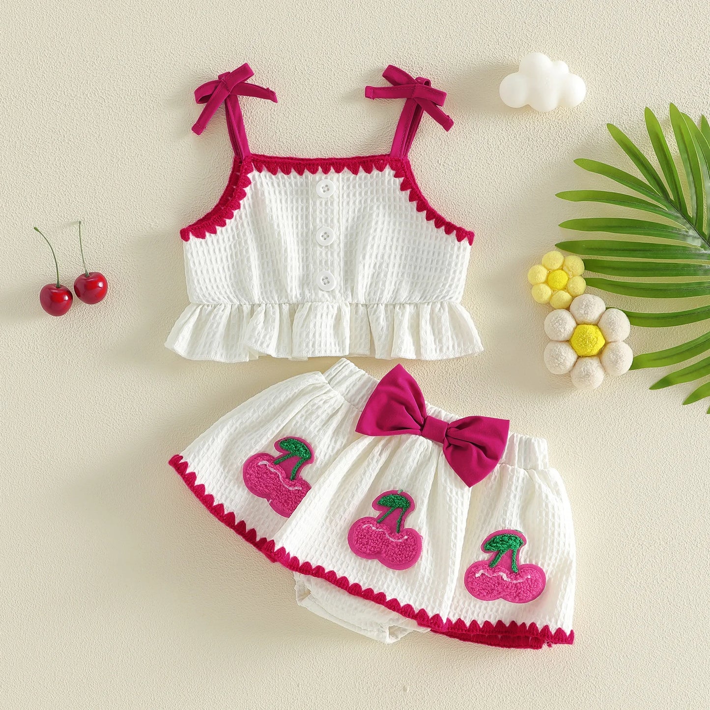 Sweet Baby Girl Summer Outfit Contrast Trim Ruffled Hem Cami Tops Cherry Applique Bow Skorts 2 Piece Girls Set