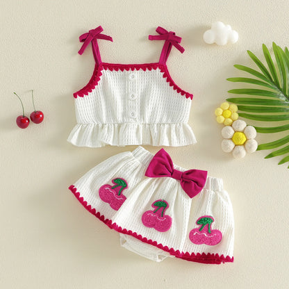 Sweet Baby Girl Summer Outfit Contrast Trim Ruffled Hem Cami Tops Cherry Applique Bow Skorts 2 Piece Girls Set