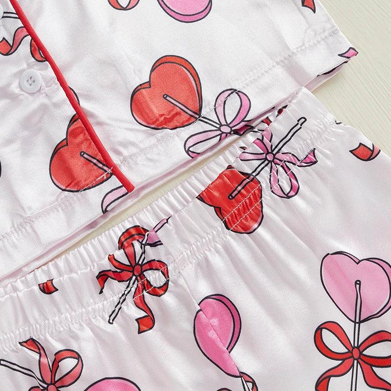 Kids Girls Valentine's Day Printed Pajamas Set Sweet Heart Print Long Sleeve Tops and Elastic Band Pants 2Piece Child Loungewear