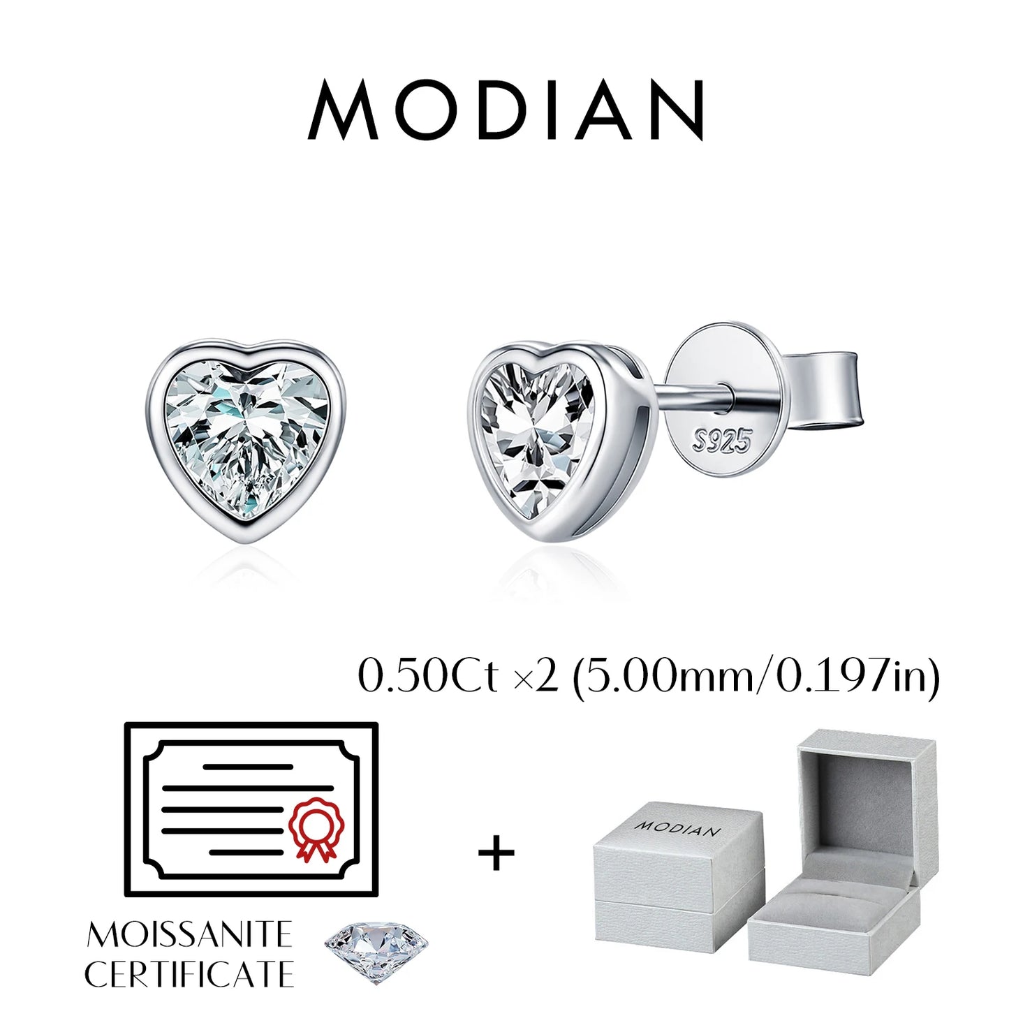 MODIAN 3 Sizes Heart Moissanite Ear Studs 925 Sterling Silver Dazzling Stackable Fashion Stud Earrings For Women Fine Jewelry