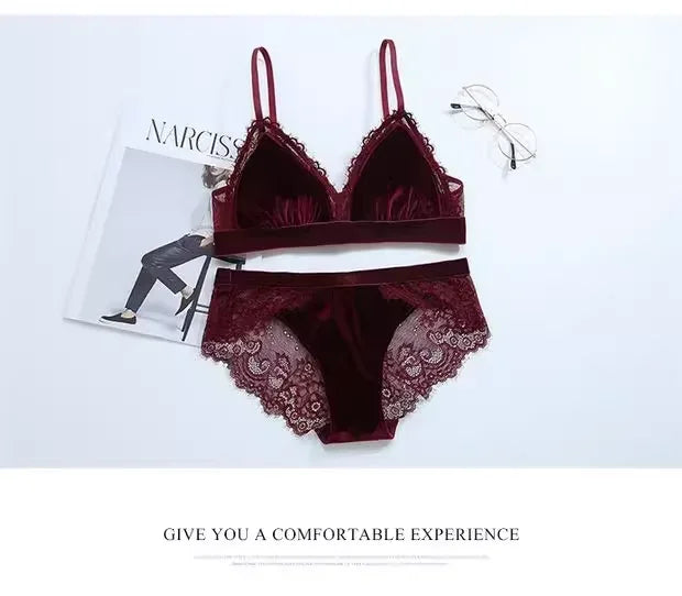 Women's Lace Velvet Wireless Underwear Set Thin Section Comfortable Bra And Panties for Autumn Winter