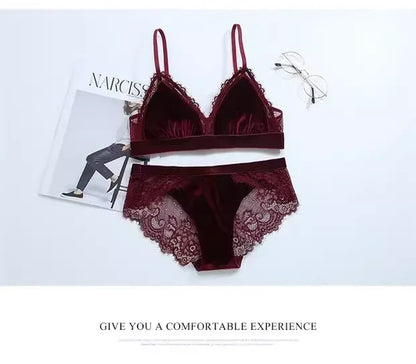 Women's Lace Velvet Wireless Underwear Set Thin Section Comfortable Bra And Panties for Autumn Winter