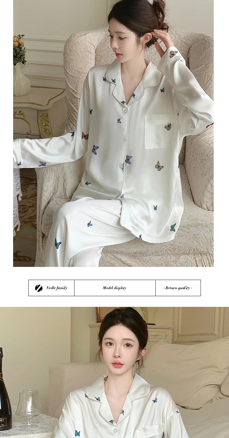 French Elegant Romantic Butterfly Print Women Pajamas Simple Ins Literary Aesthetics Sleepwear 2024 Fall Winter New Y2k Lounges