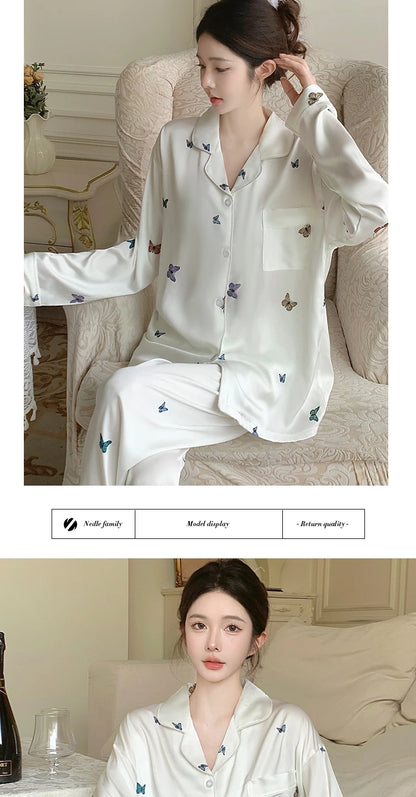 French Elegant Romantic Butterfly Print Women Pajamas Simple Ins Literary Aesthetics Sleepwear 2024 Fall Winter New Y2k Lounges