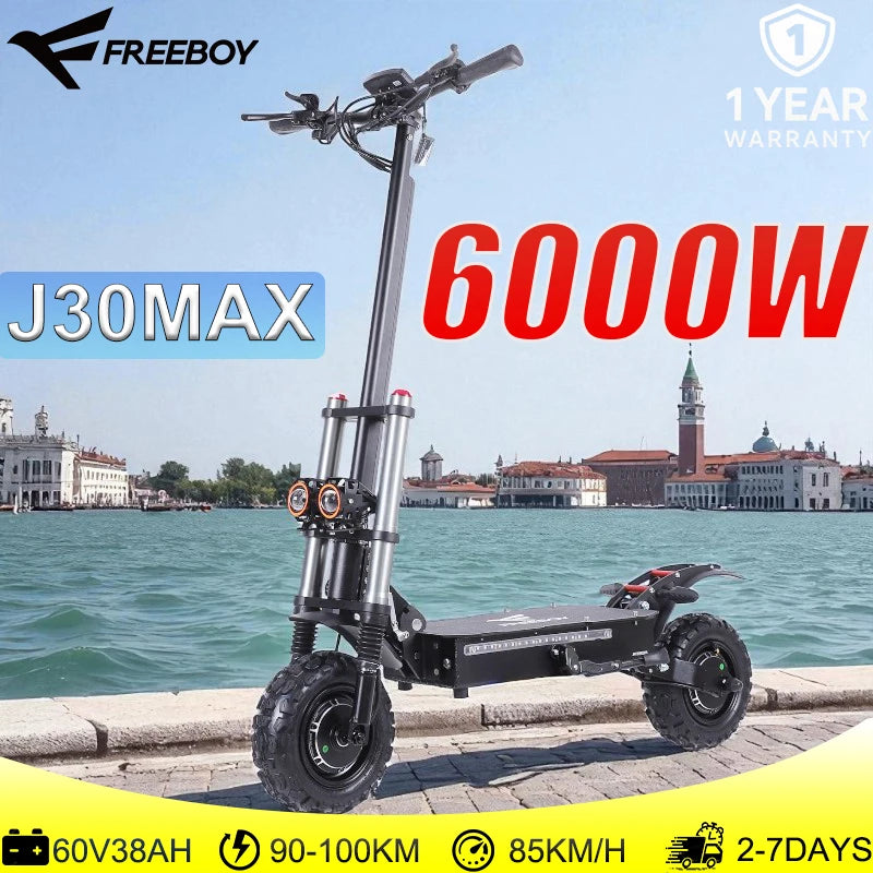 J30 MAX Electric Scooter Dual 3000W Motors 60V38Ah Battery 11" Off Road Tire 85KMH Top Speed 100KM Range 440lbs Load Disc Brakes