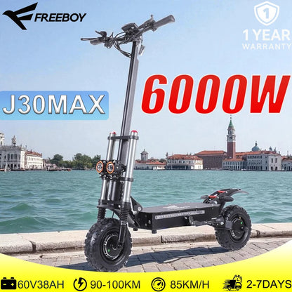 J30 MAX Electric Scooter Dual 3000W Motors 60V38Ah Battery 11" Off Road Tire 85KMH Top Speed 100KM Range 440lbs Load Disc Brakes