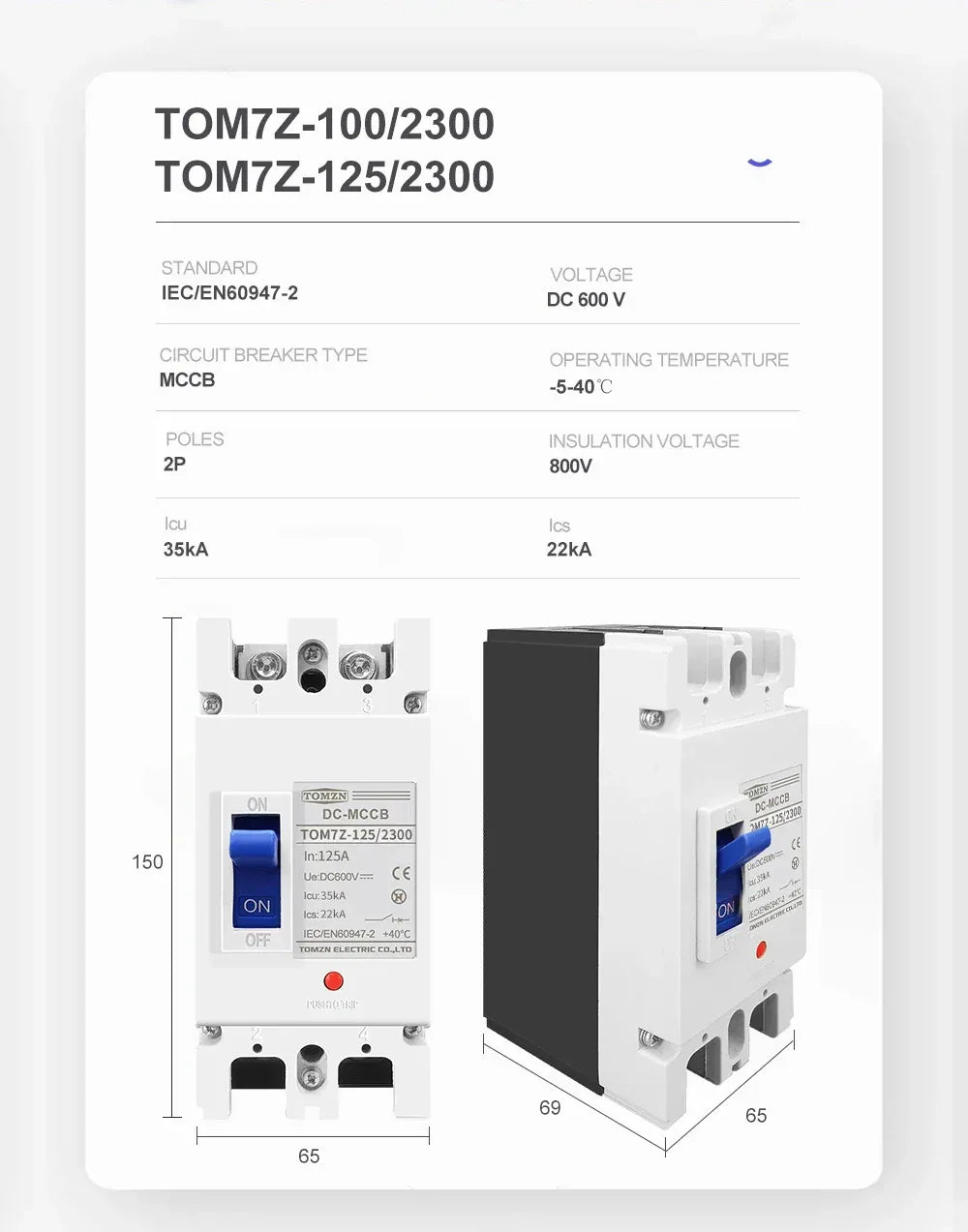 TOMZN 2P DC MCCB 600V Solar Molded Case Circuit Breaker Overload Protection Switch Protector for Solar Photovoltaic PV