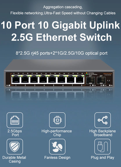 ONTi 2.5Gb Unmanaged Ethernet Switch 8 Port 2.5GBASE-T Network Switch with 10G SFP+ Port Plug and Play Fanless Homelab Switch