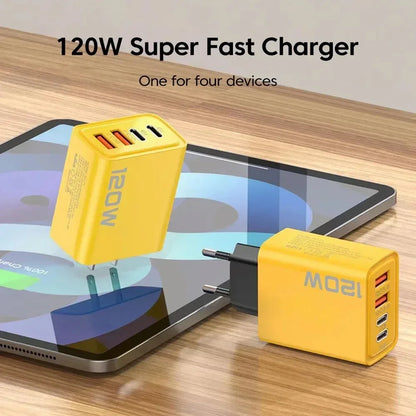 120W Fast Charger Hub USB C Quick Charge Ports PD 3.0 QC 3.0 For iPhone Samsung Xiaomi Android Phone Global Travel Charger Plug