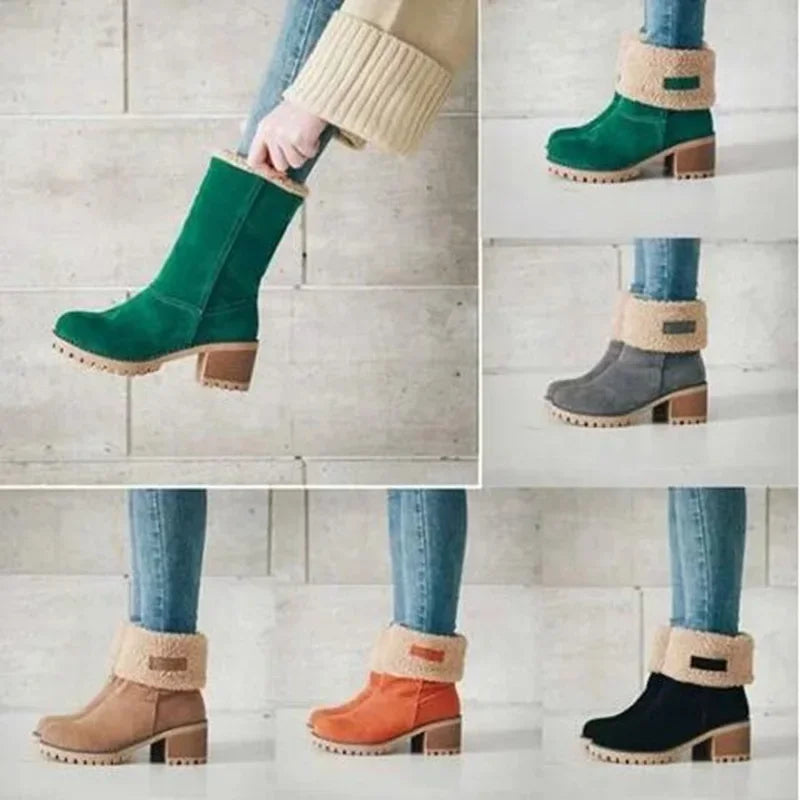 Warm Fleece Lined Mid-Calf Snow Boots Women's Velvet Booties Matte Finish Booties Two-Way Wear Low Heel round Toe Winter Boots
