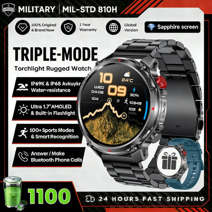 2026 Edition Military Outdoor Sports Smartwatch 1.7-inch AMOLED screen 1100 mAh battery LED flashlight Bluetooth call Waterproof