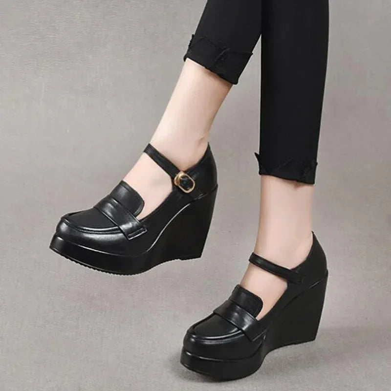 GKTINOO 2025 Wedges Women Shoe Spring Autumn Slip-On High Heels Round Toe Genuine Leather Casual Ladies Platform Shoes Woman