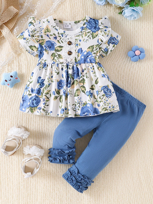 Top Rated Trending Baby Girl (0-4Y) Floral Print Ruffle Top & Lace Trim Pants 2pc Set: Soft Breathable Cotton, Skin-Friendly by PDG ibma