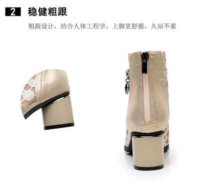2025 Spring Summer Fashion Rhinestones Gauze Sandals Thick Heels Mesh Autumn Ankle Boots Female Hollow Women's Shoes