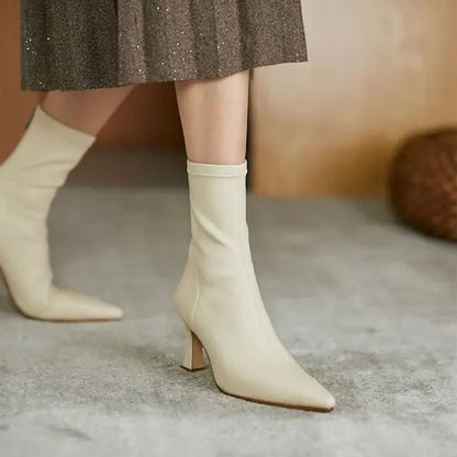 Women High Heel Short Leather Boots  New Boots Female Pointed Thin Heel Boots Ladies Ankle Short Boots Botas De Mujer 2024