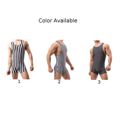 Mens Sexy Vertical Striped Sleeveless Fitness Bodysuit Thin Breathable Boxers Underwear Jumpsuits Sports Tight Pajamas Sleepwear