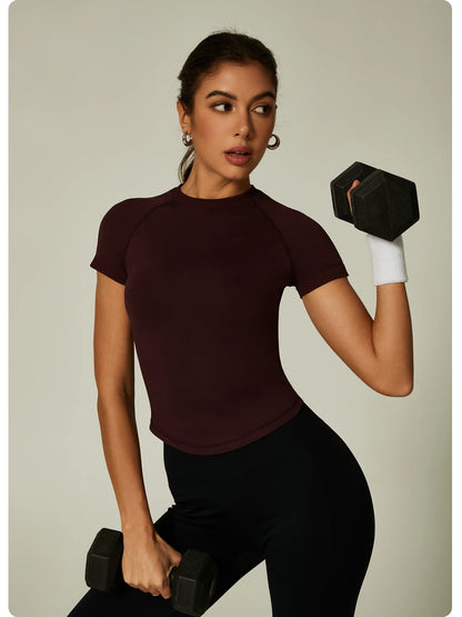 ZHEJIN Seamless Sports T-shirt Women Slim Fit Gym Workout Top Short Sleeve Yoga Shirt Curved Hem Breathable Athletic Sportswear