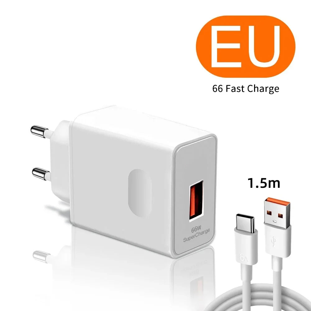 6A 66W Super Fast EU US Wall Charger Adapter 6A Type-C Cable For Huawei Mate 40 50 60 P50 Nova8 9 10 Honor 90 100 X7 X8 X9 Magic